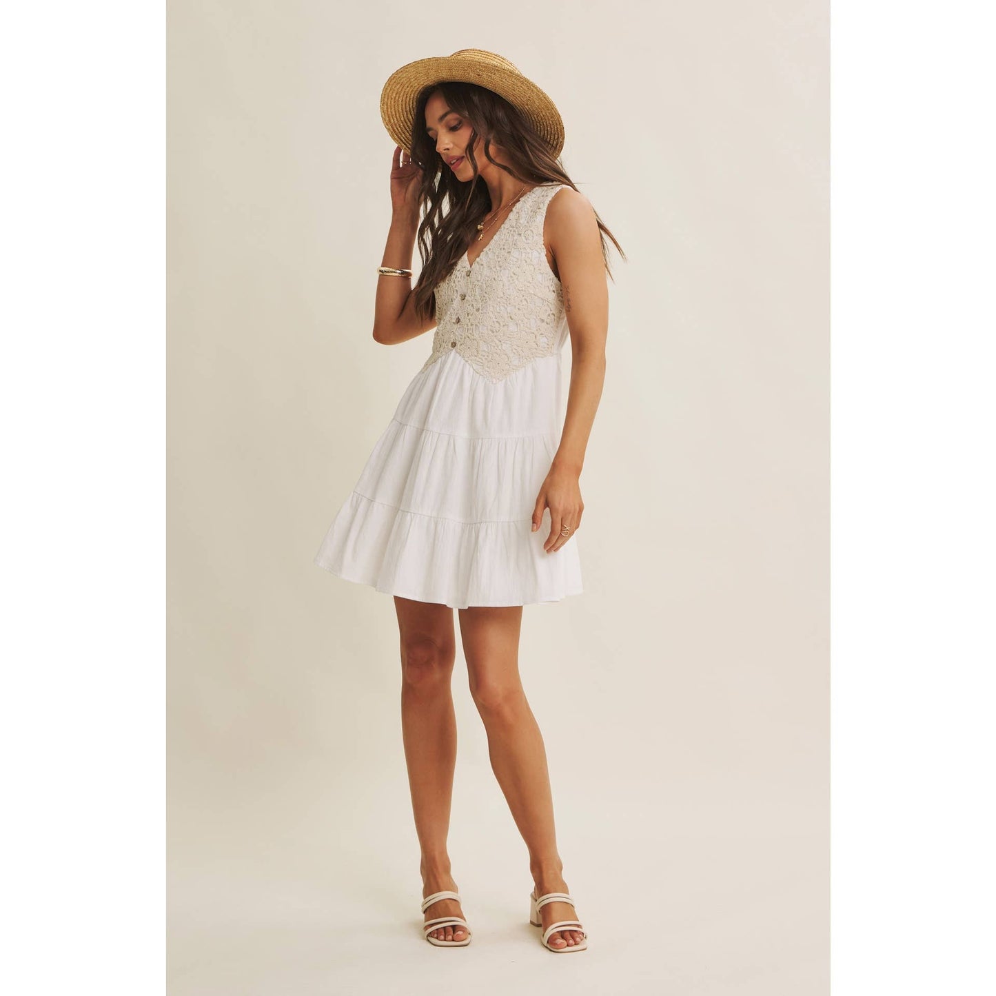 FRENCH PICNIC MIXED MEDIA COTTON CROCHET MINI DRESS