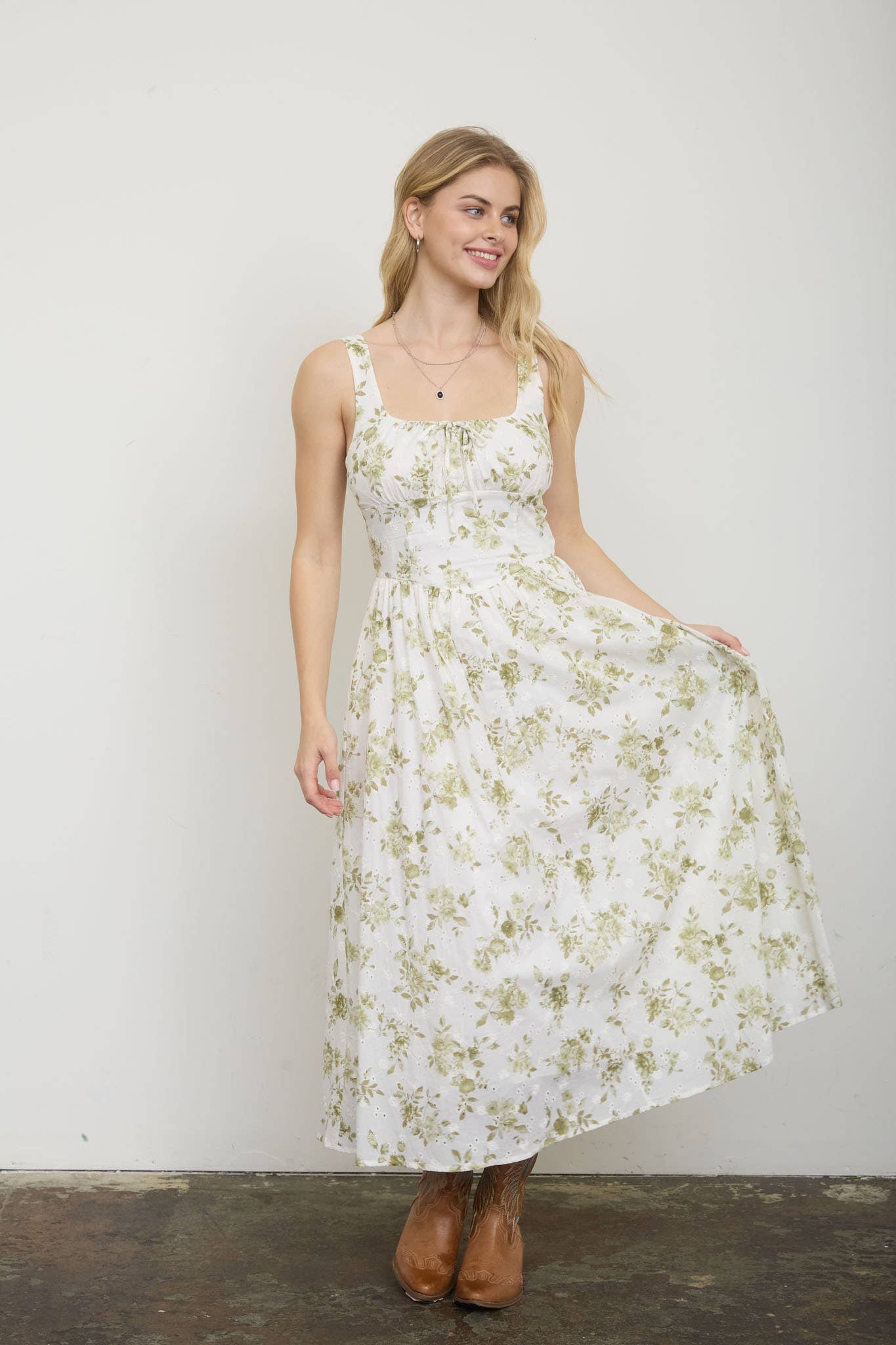 FLORAL PATTERN FRONT TIE CORSET MIDI DRESS