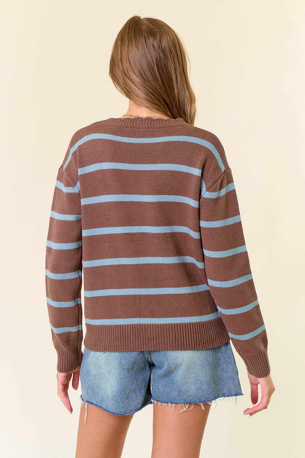 Scallop Neckline Long Sleeve Striped Sweater Top