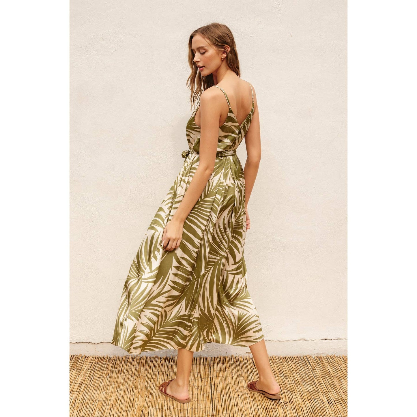 Tropical Palm Frond Flared Maxi Dress