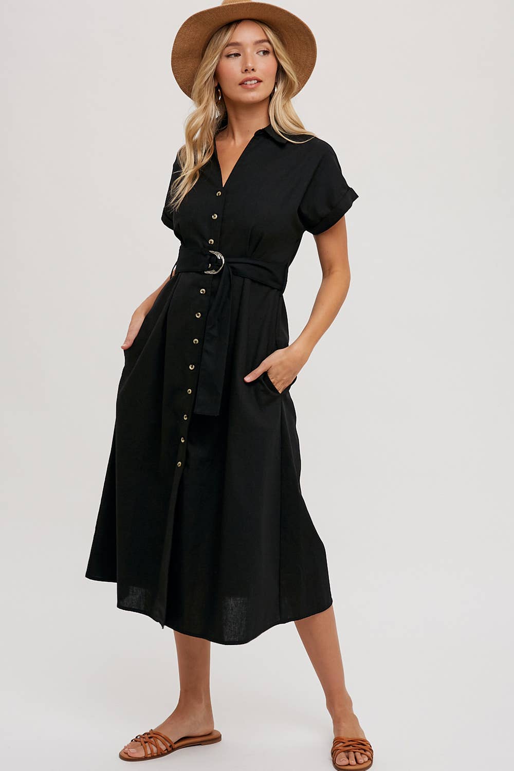 BUTTON DOWN BELTED MIDI DRESS