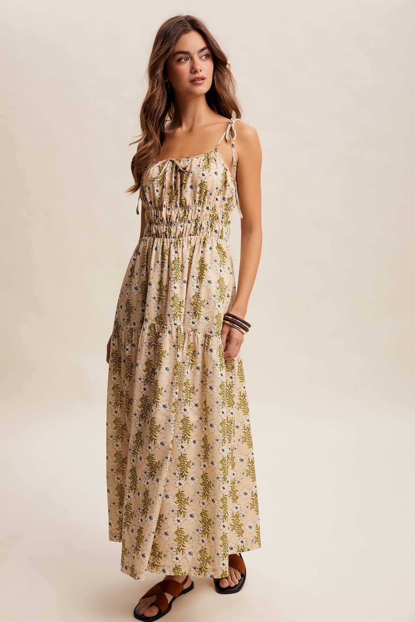 Floral Tie-Strap Smocked Maxi Dress