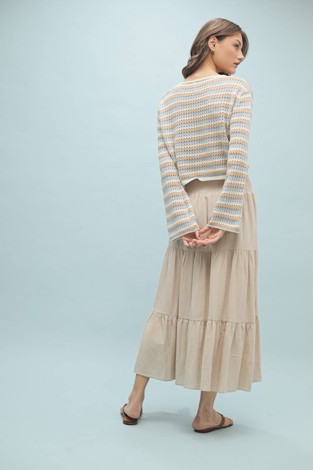 STRIPED CROCHET BUTTON-UP SWEATER TOP