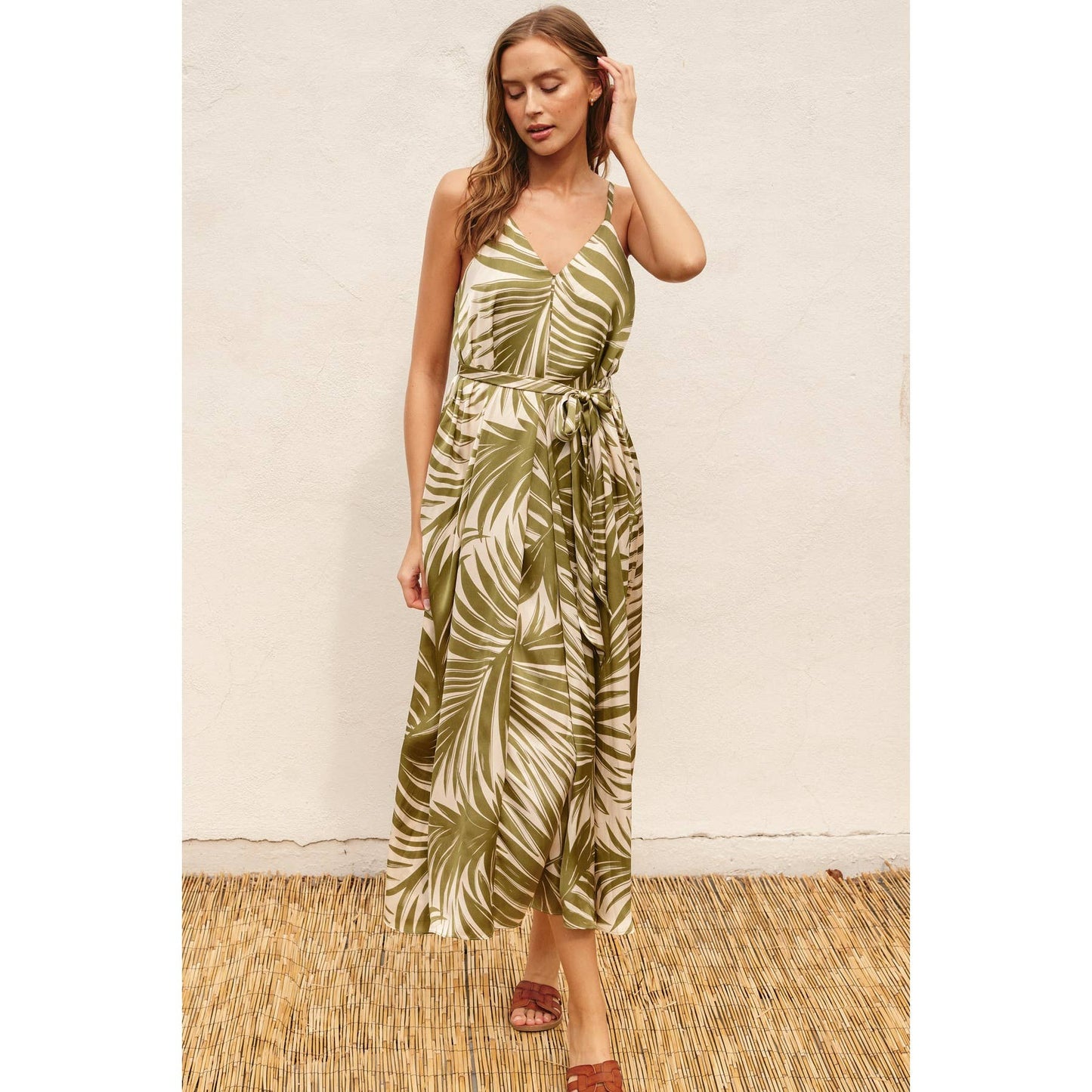 Tropical Palm Frond Flared Maxi Dress