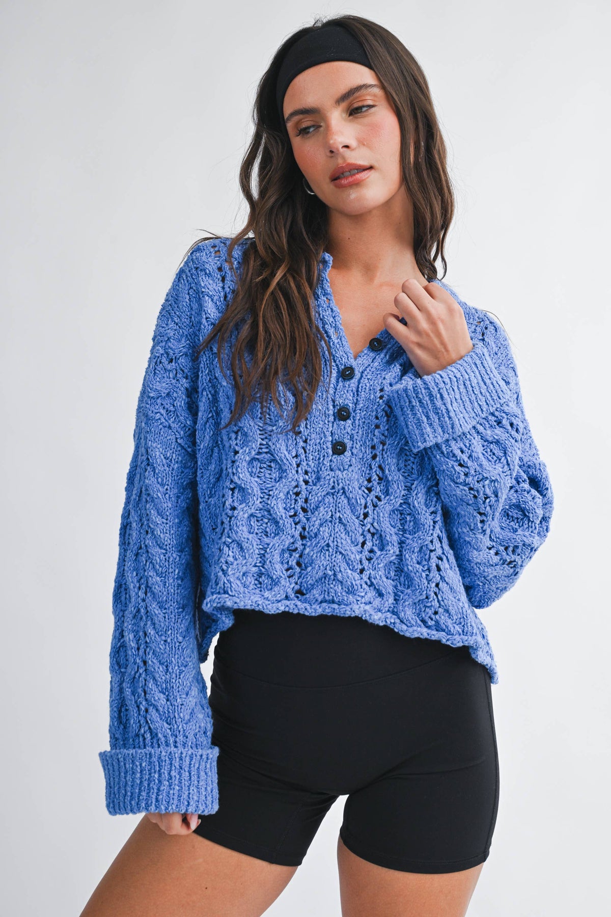 Textured Cropped Henley Knit Sweater