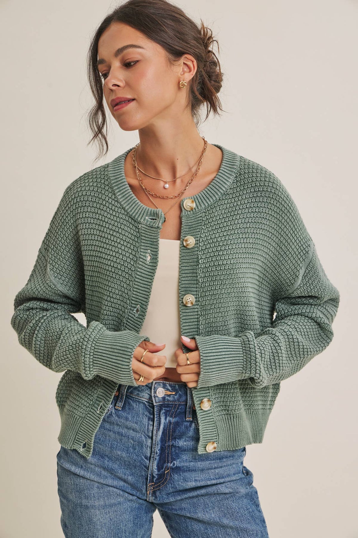 MINERAL-WASHED CABLE KNIT COTTON CARDIGAN