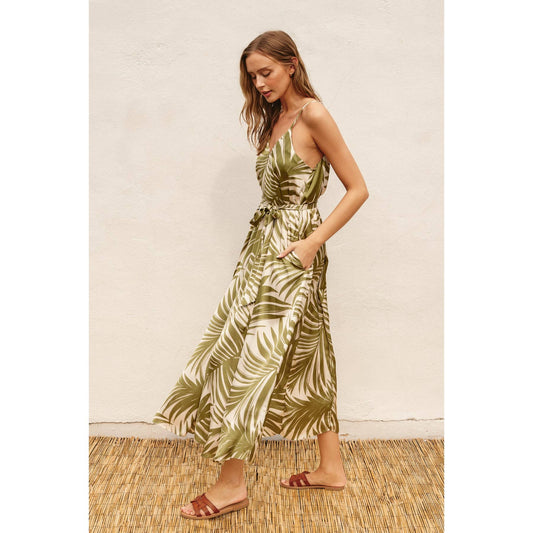 Tropical Palm Frond Flared Maxi Dress