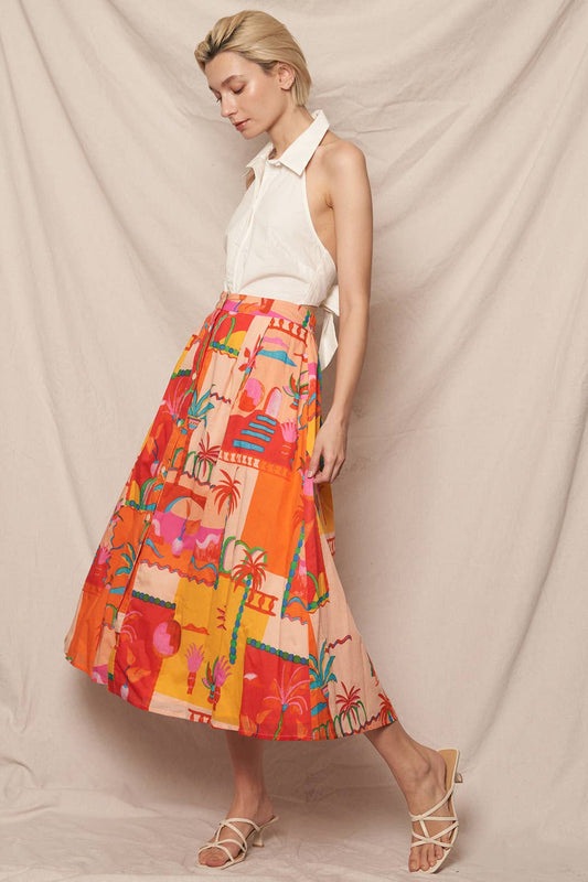 Fiesta Printed Button Down Midi Skirt