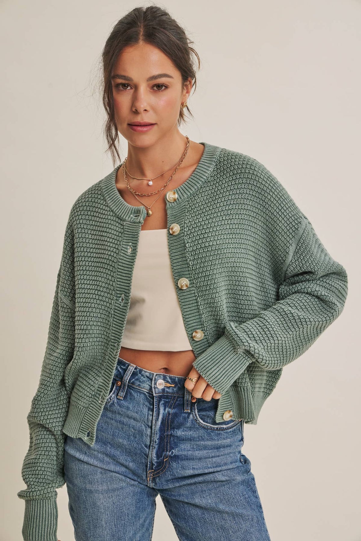 MINERAL-WASHED CABLE KNIT COTTON CARDIGAN