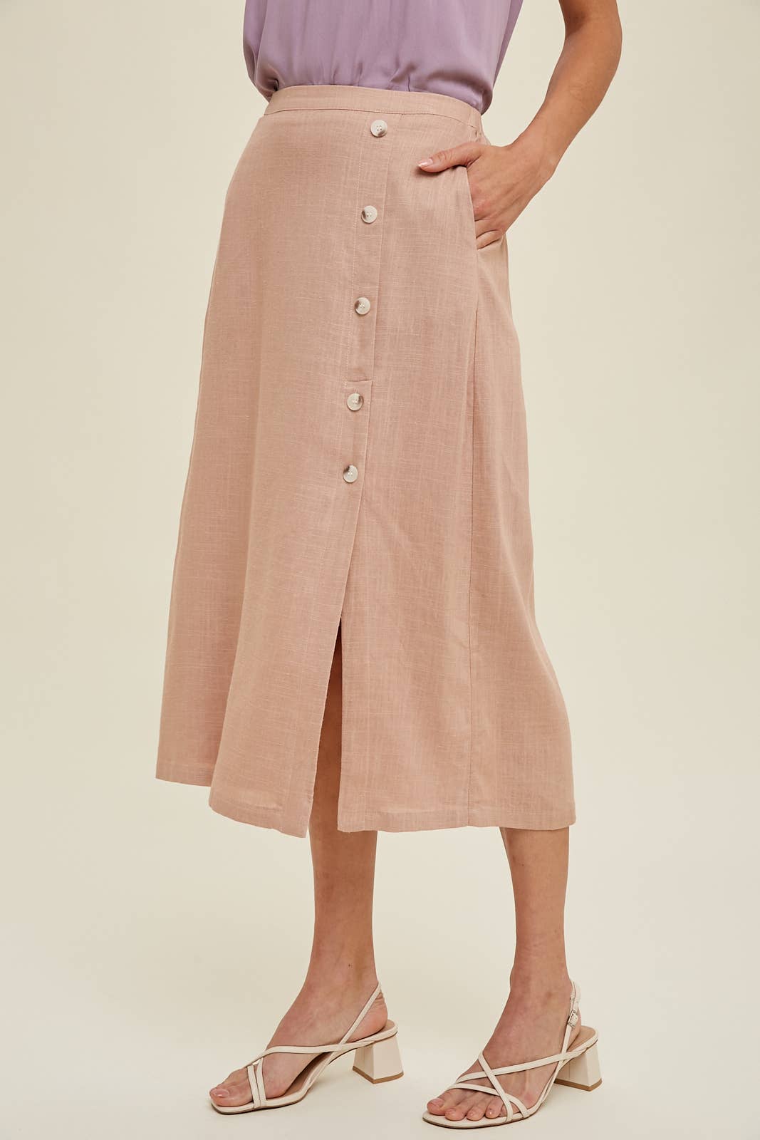 LINEN LOOK MIDI SKIRT WITH SIDE BUTTON DETAIL