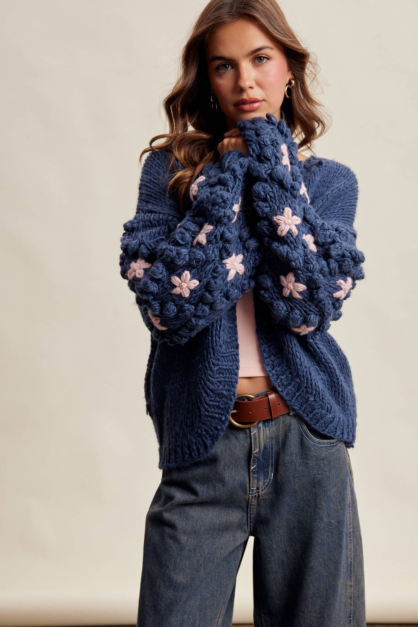 Hand Knit Floral Bobble Sleeve Cardigan