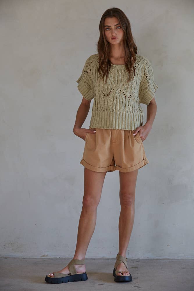 Knit Sweater Crochet Round Neck Short Sleeve Top: Olive