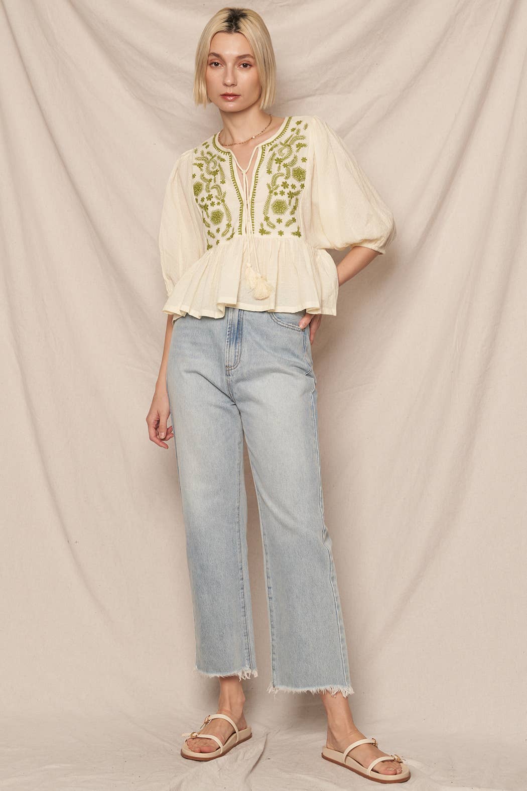 Puff Sleeve Peplum Top with Embroidery Detail: Cream Olive