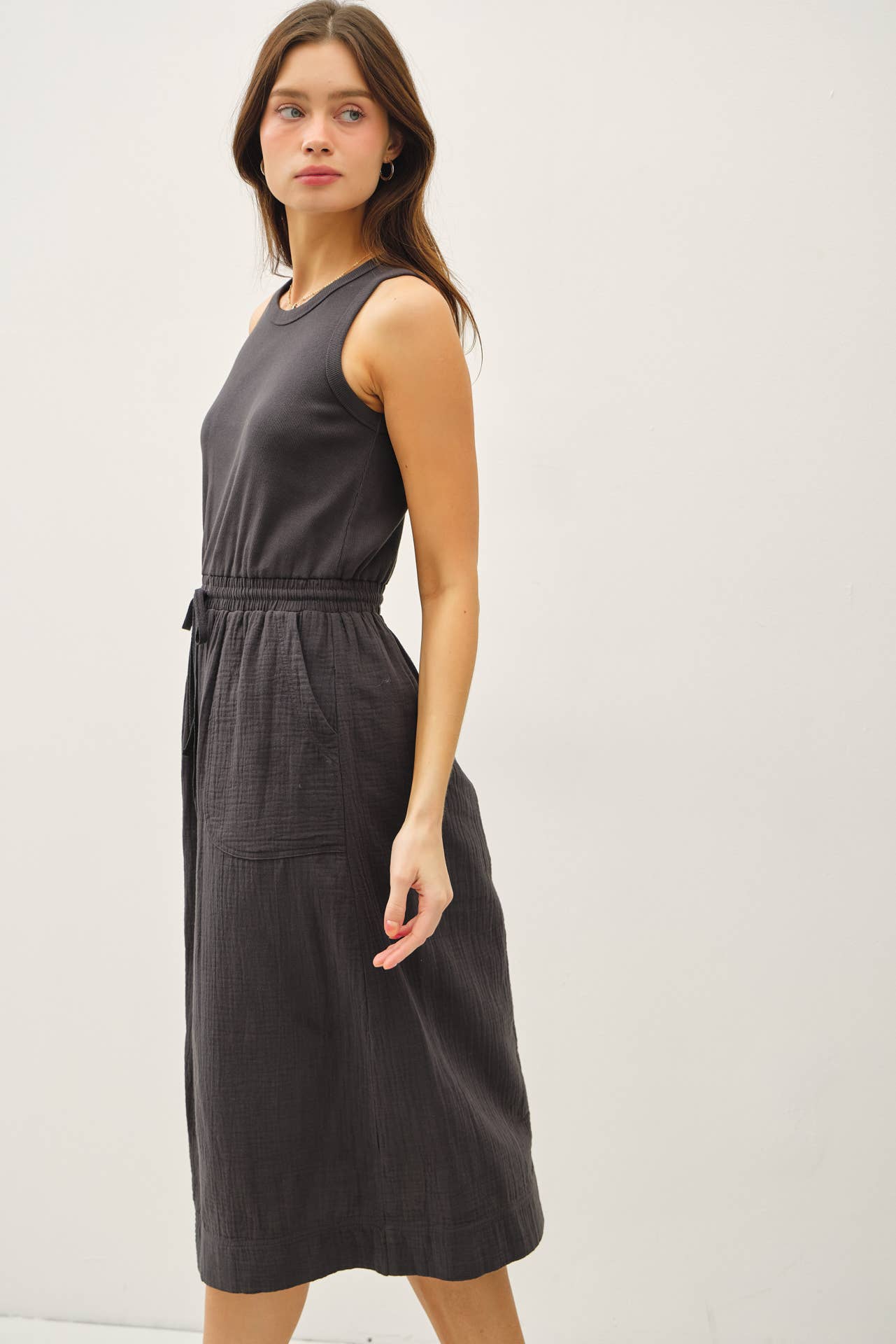 COTTON TANK DRESS W GAUZE SKIRT