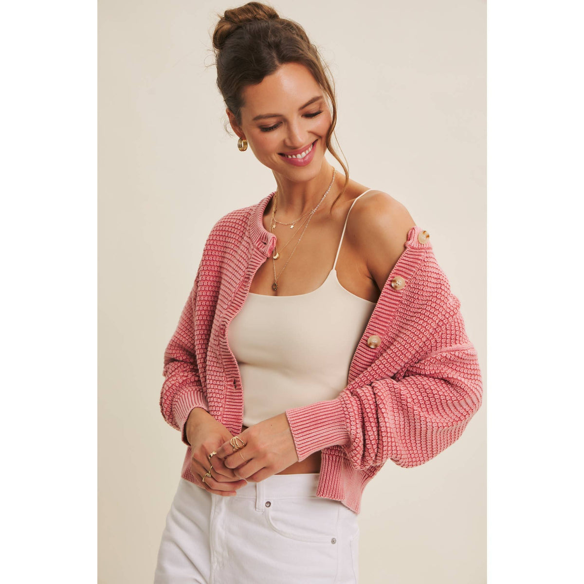 MINERAL-WASHED CABLE KNIT COTTON CARDIGAN