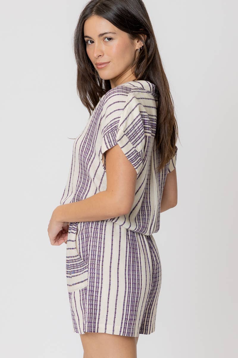 Striped Short Sleeve Romper: CREAM PURPLE