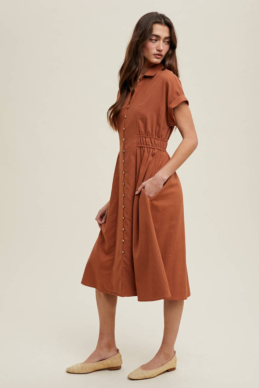 COLLARED BUTTON-UP MIDI DRESS