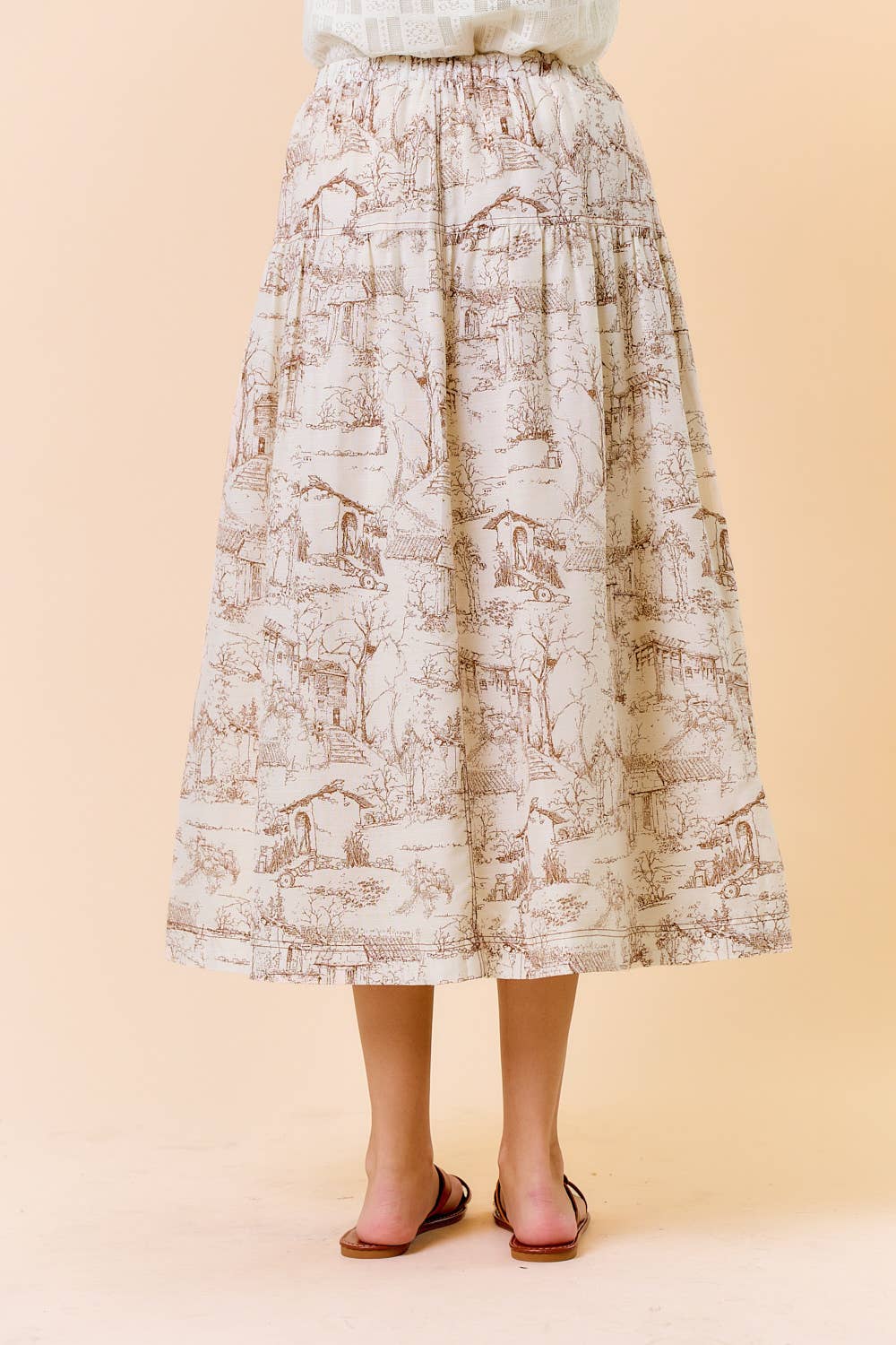 PRINTED COTTON BLEND ELASTIC WAIST MIDI SKIRT