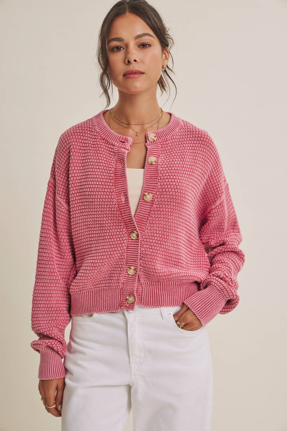 MINERAL-WASHED CABLE KNIT COTTON CARDIGAN