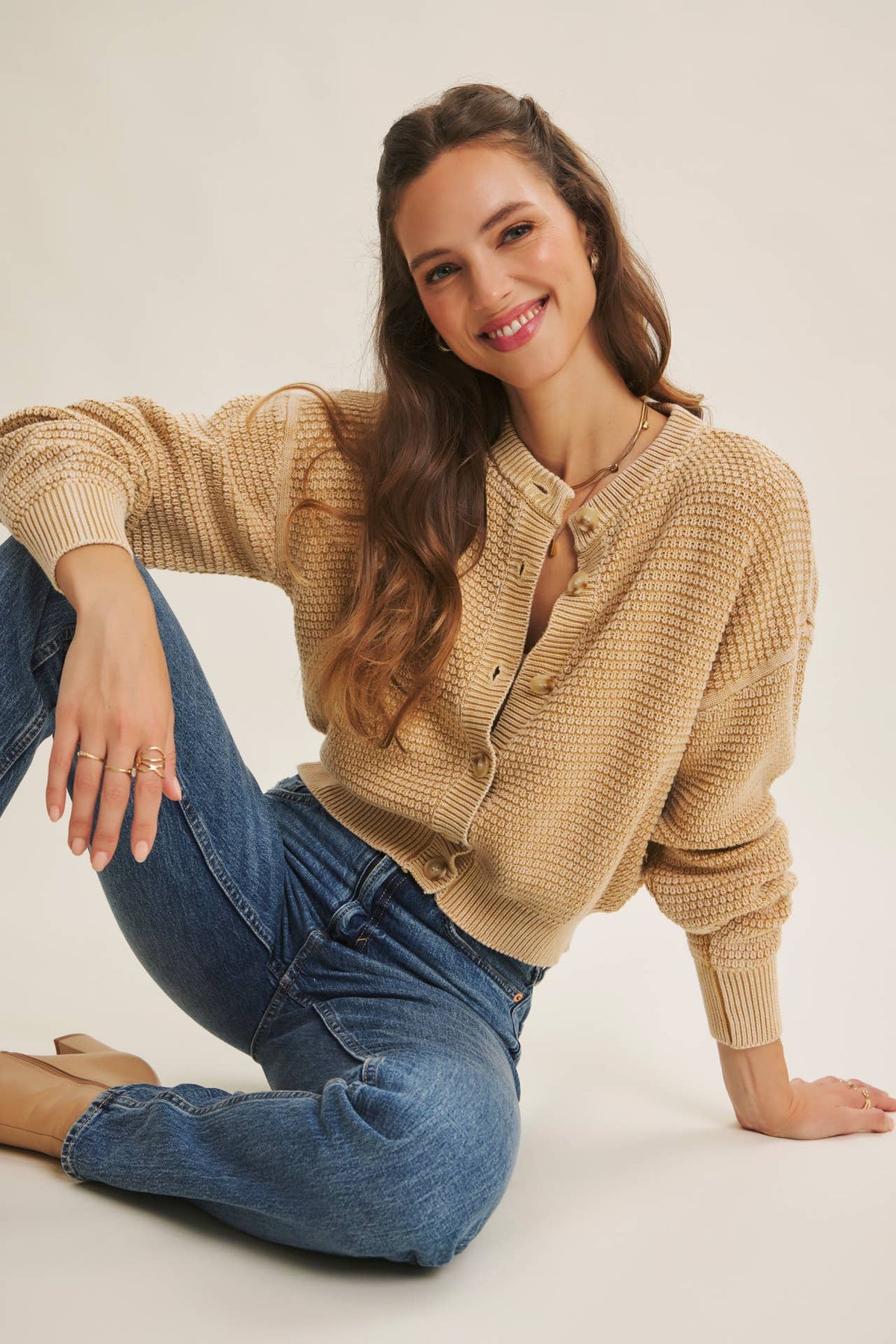 MINERAL-WASHED CABLE KNIT COTTON CARDIGAN