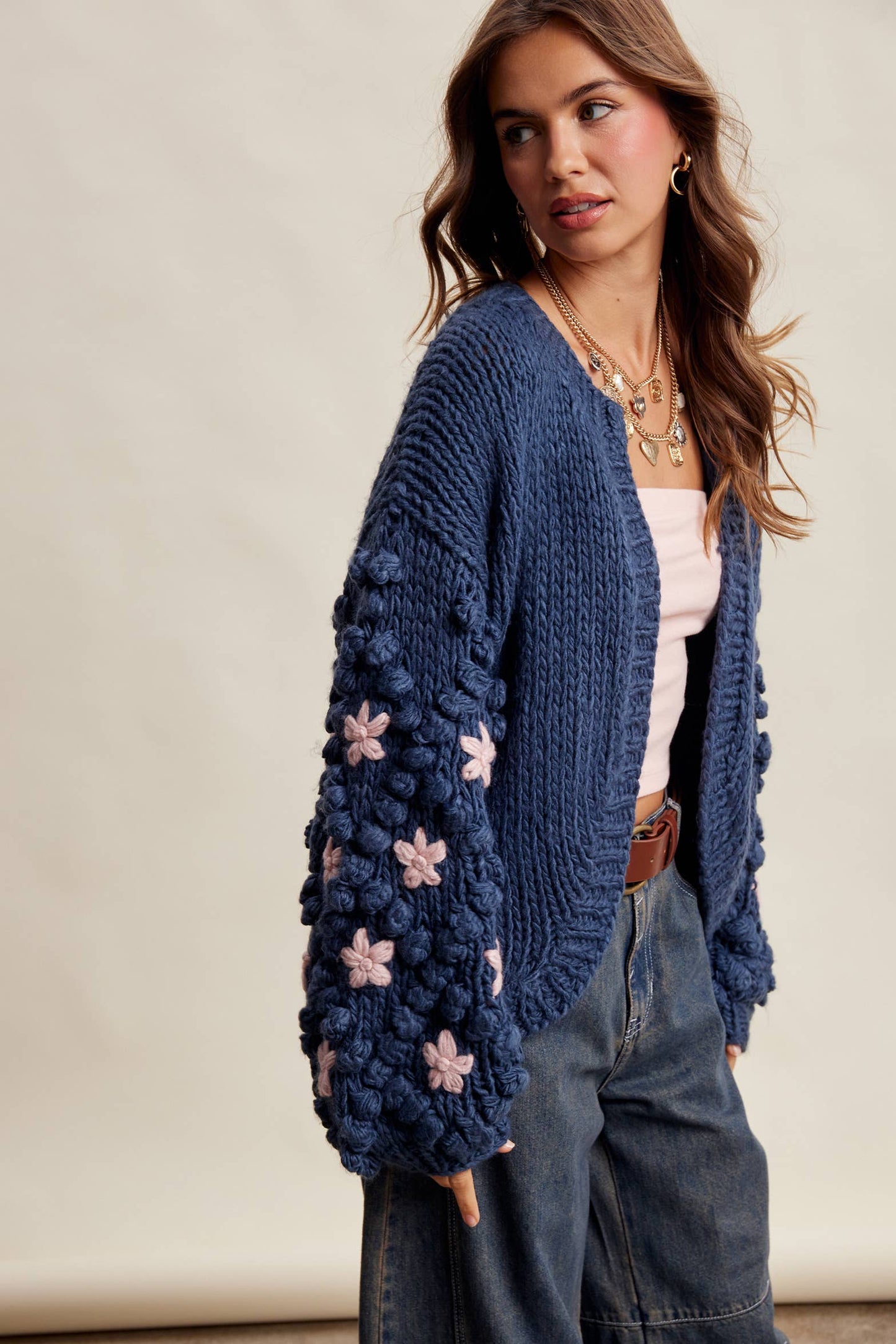 Hand Knit Floral Bobble Sleeve Cardigan