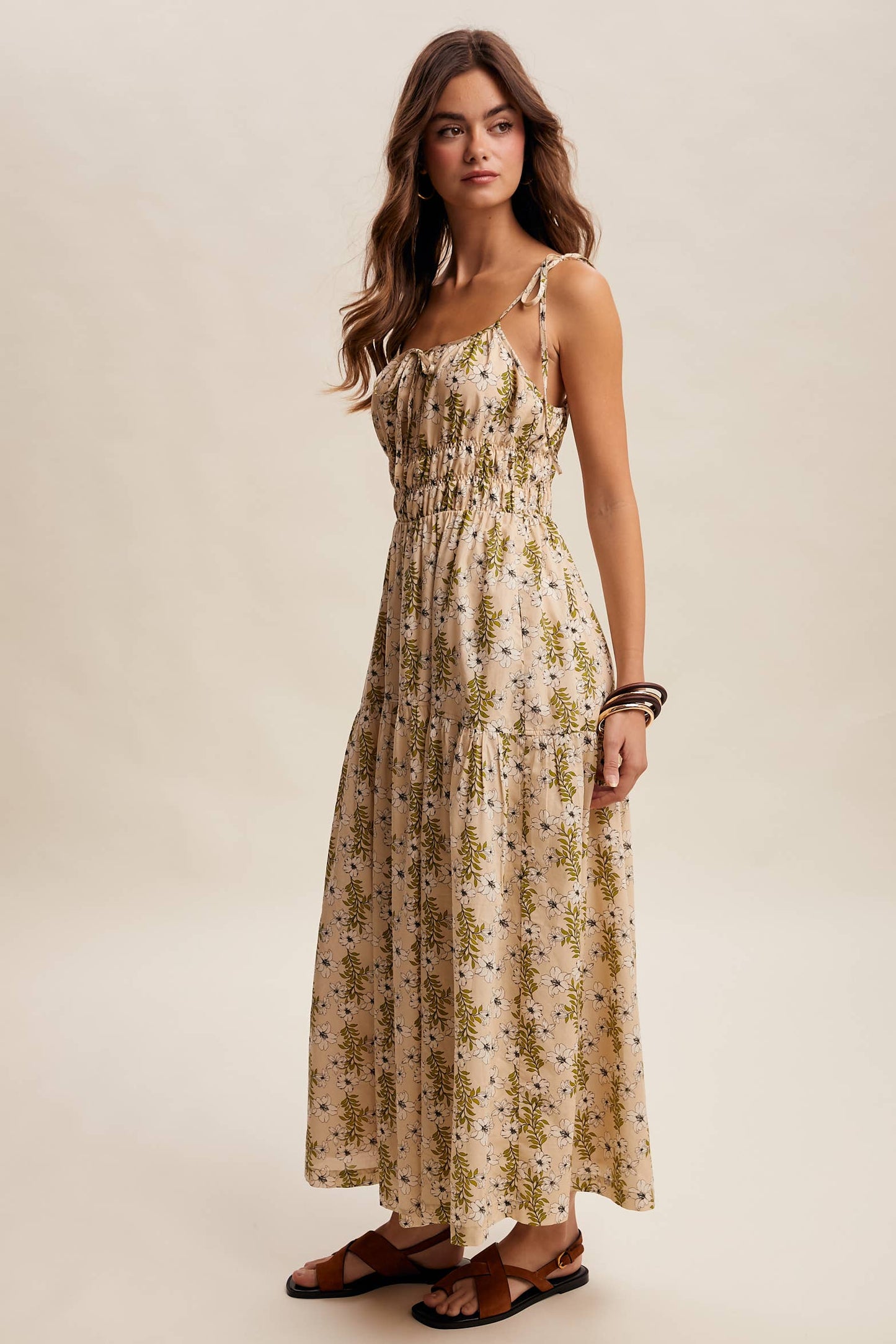 Floral Tie-Strap Smocked Maxi Dress