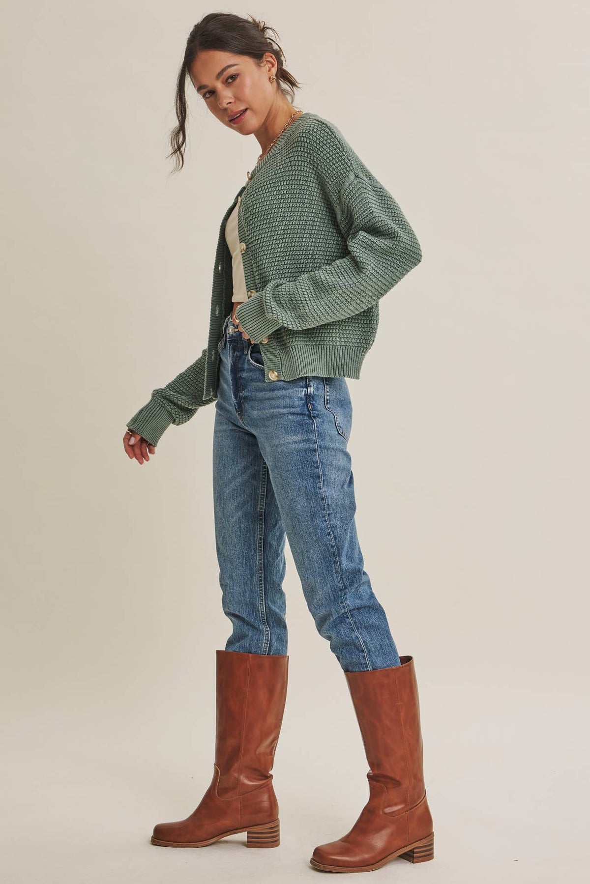 MINERAL-WASHED CABLE KNIT COTTON CARDIGAN