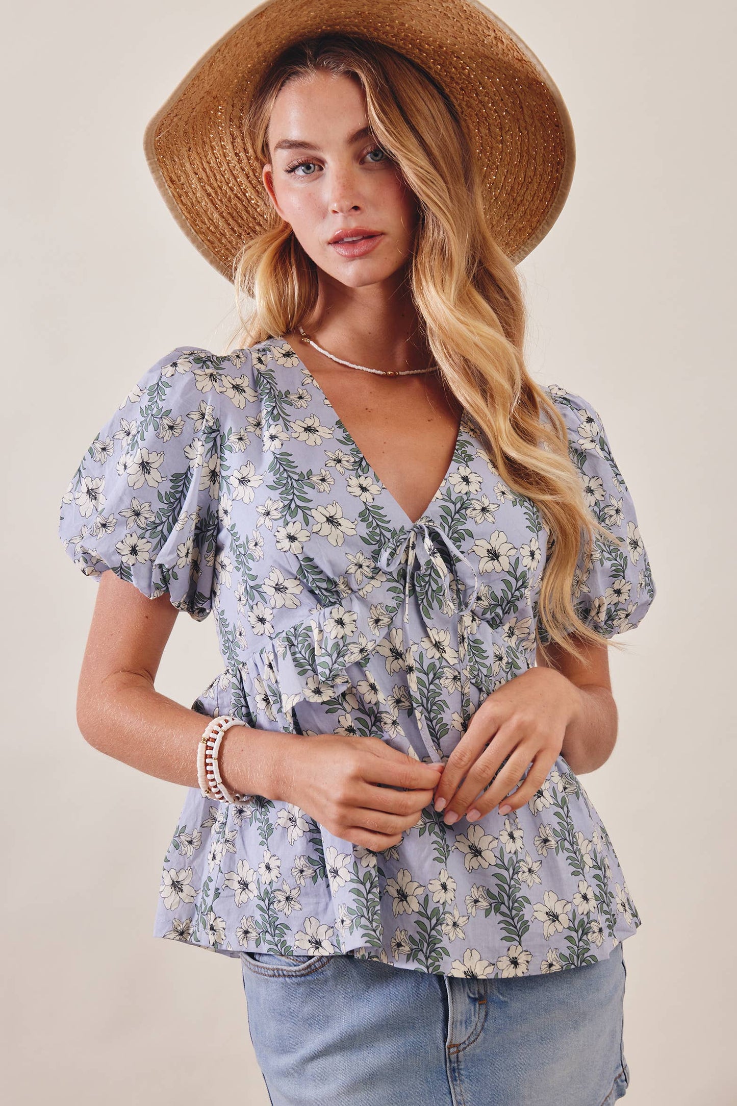 Floral Puff Sleeve Lined Blouse