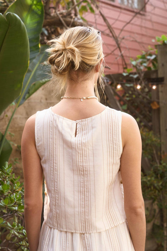 STRIPE SLEEVELESS SIDE BUTTON DETAIL TOP