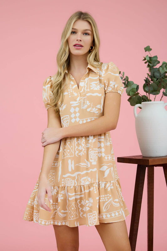 LINE ART PRINT SHORT PUFF SLEEVE MINI DRESS