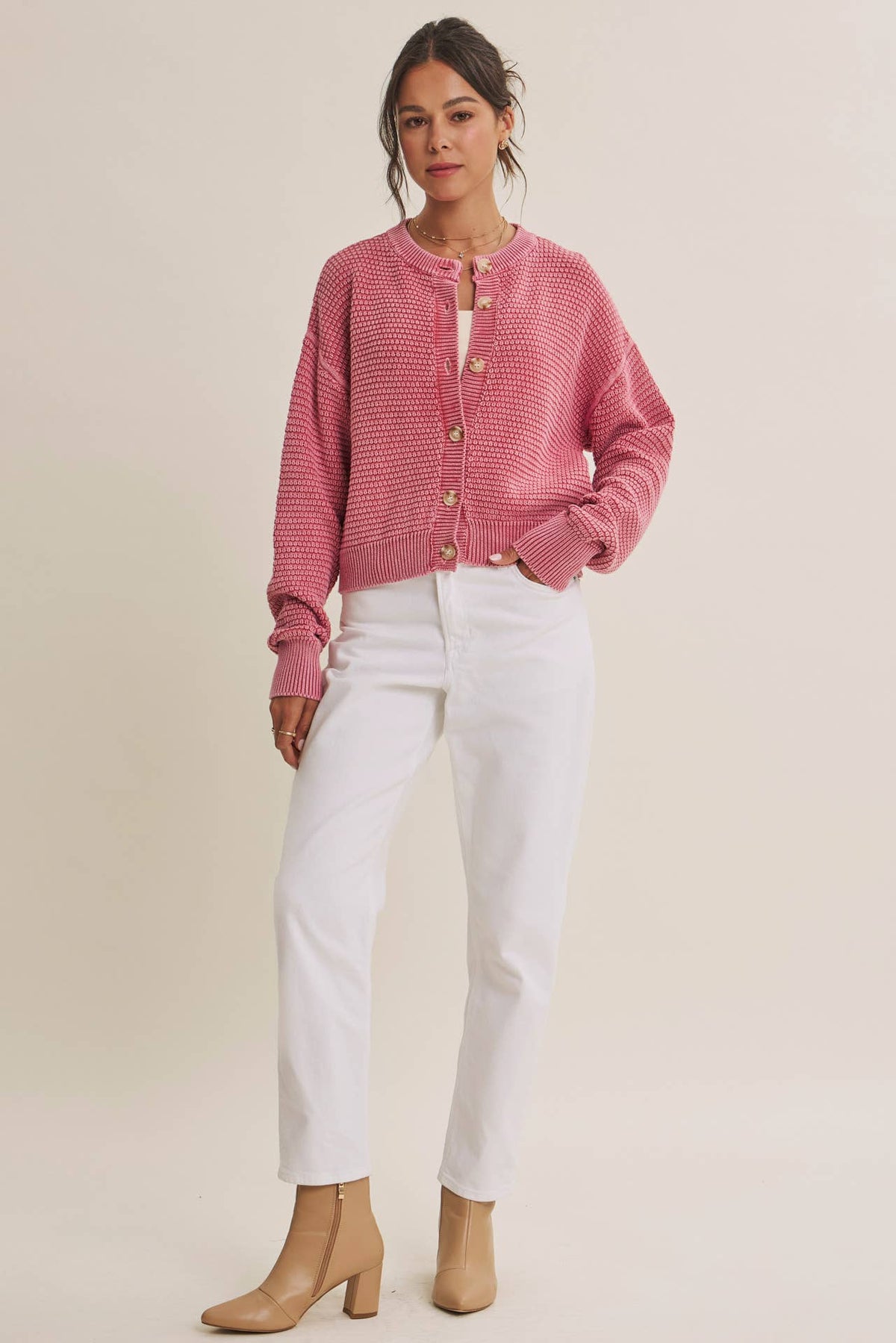 MINERAL-WASHED CABLE KNIT COTTON CARDIGAN