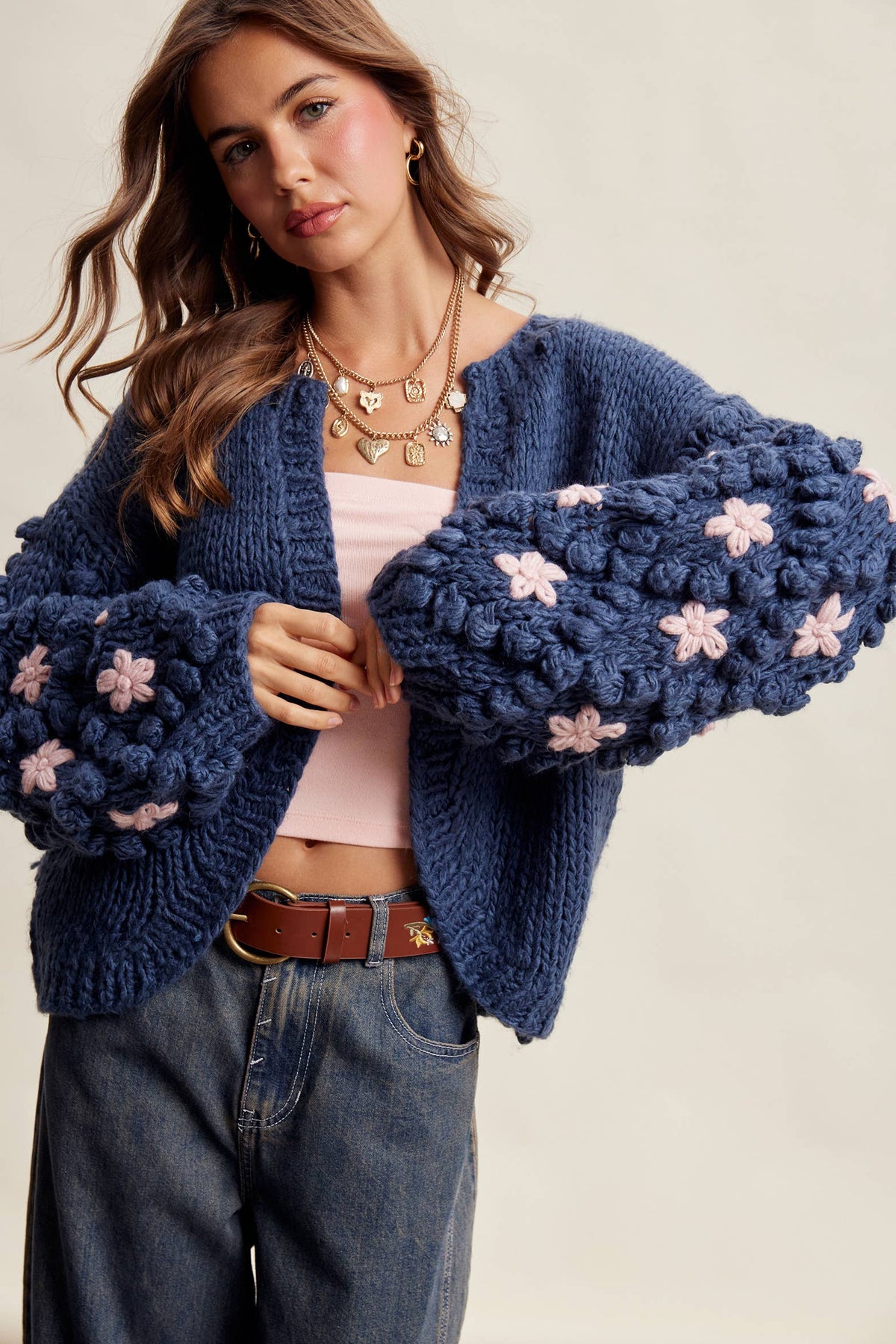 Hand Knit Floral Bobble Sleeve Cardigan