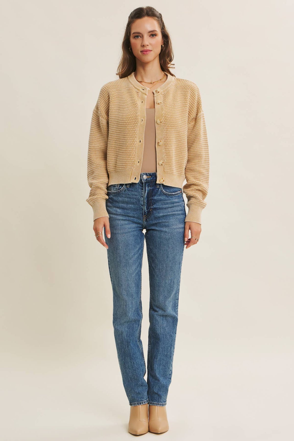 MINERAL-WASHED CABLE KNIT COTTON CARDIGAN