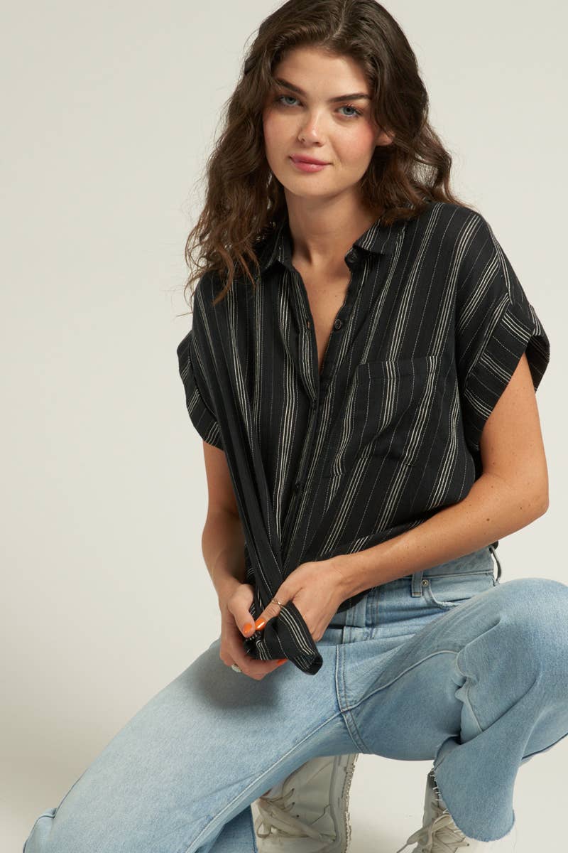 Black Striped Short Sleeve Button Down Top