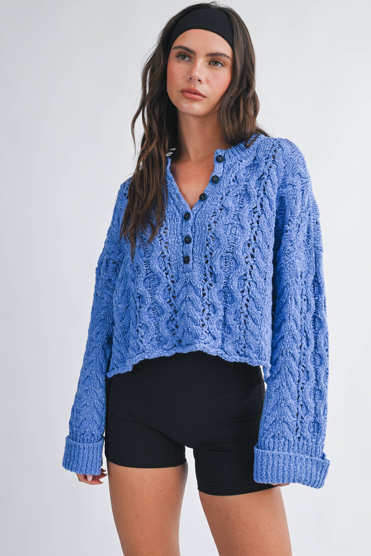 Textured Cropped Henley Knit Sweater