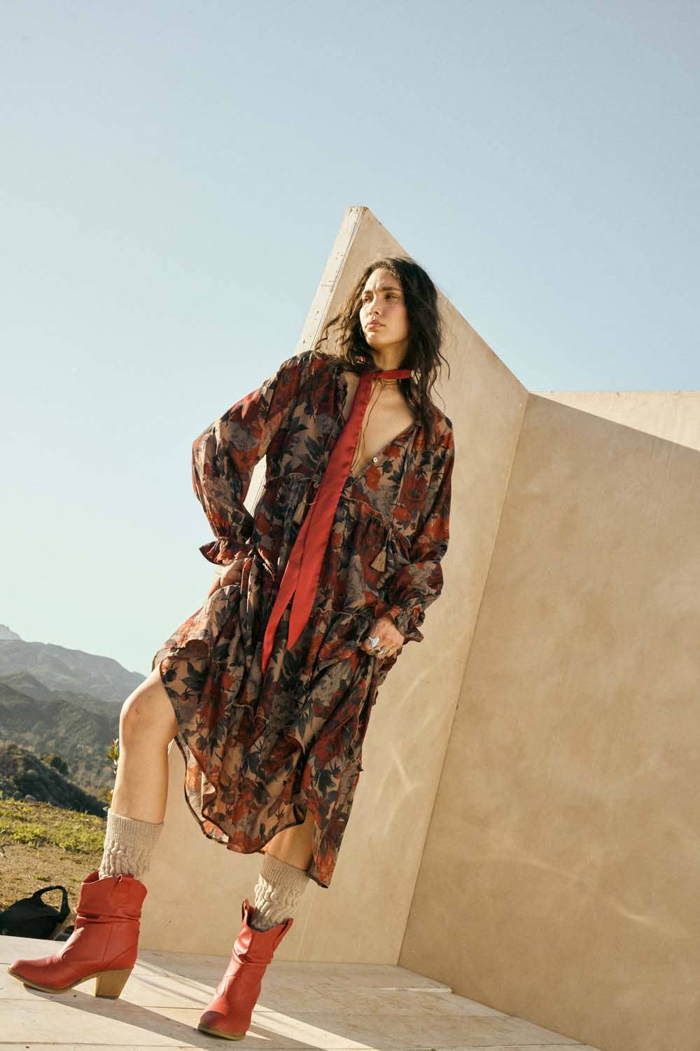 Floral-Print Tiered Ruffle Long-Sleeve Midi Dress FINAL SALE