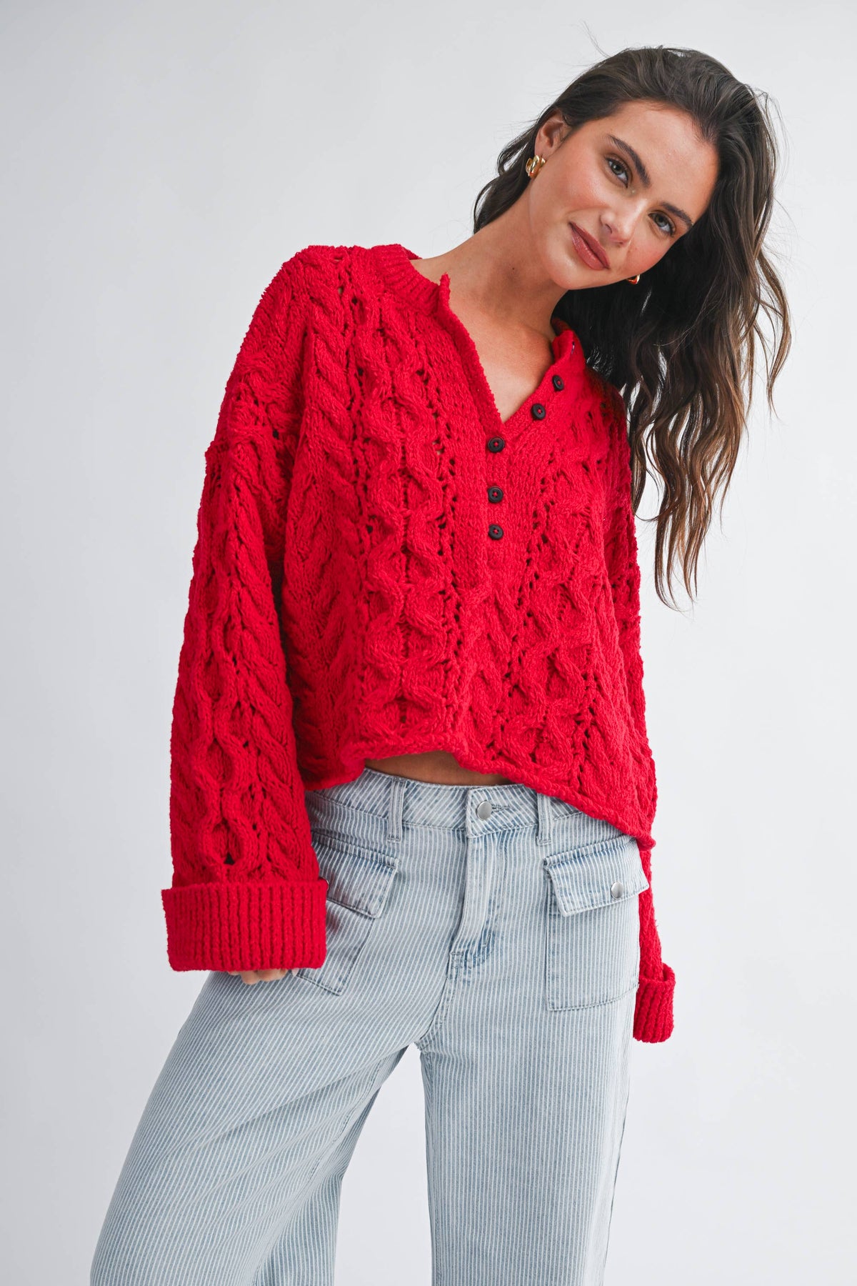Textured Cropped Henley Knit Sweater