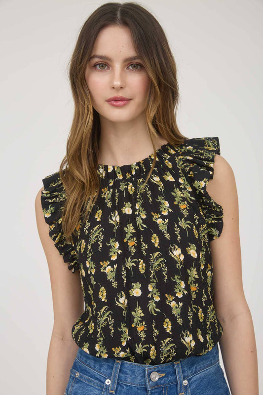 FLORAL RUFFLE DETAIL SLEEVELESS TOP