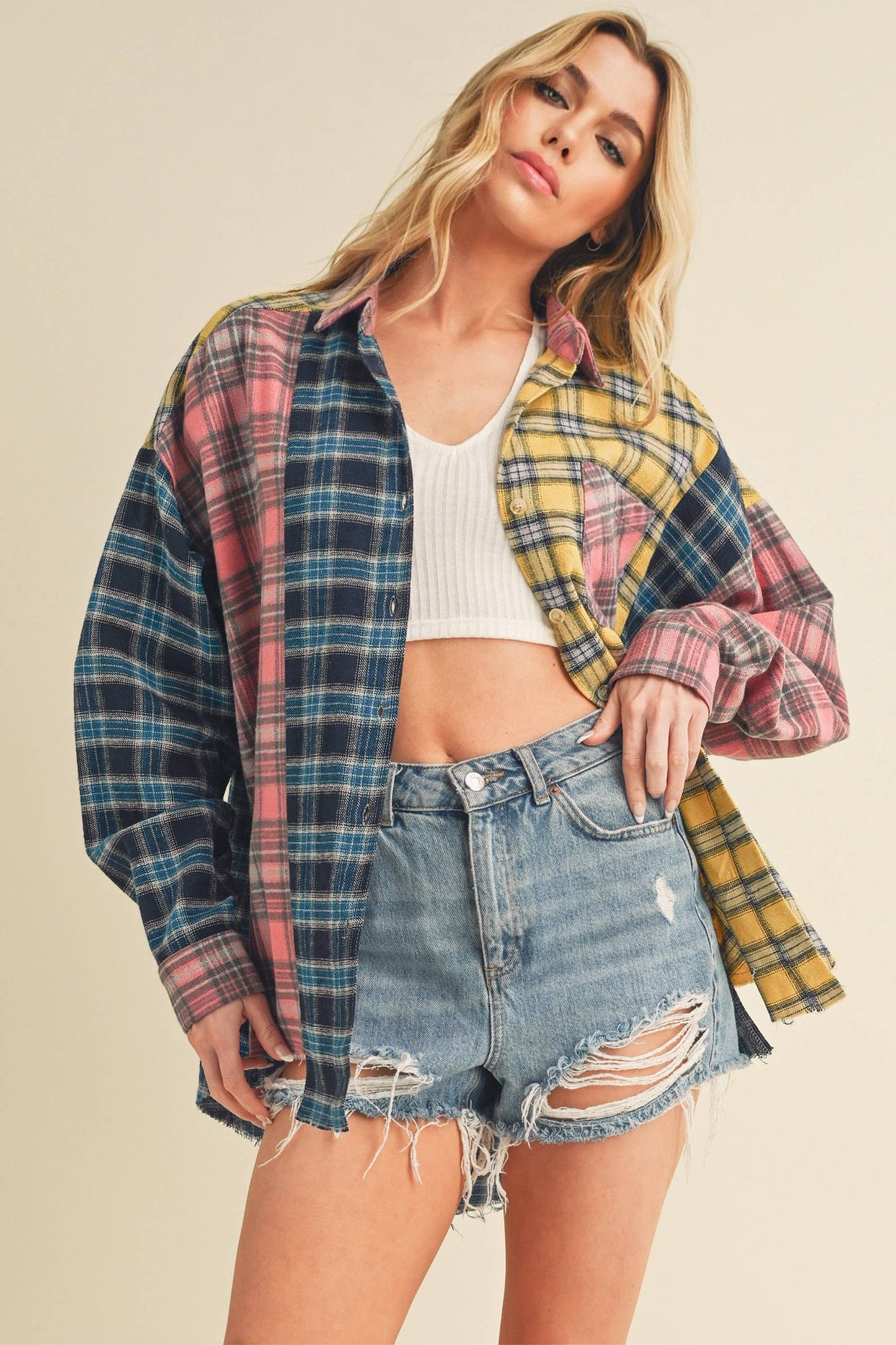 Multi Color Plaid Oversized Flannel Shirt