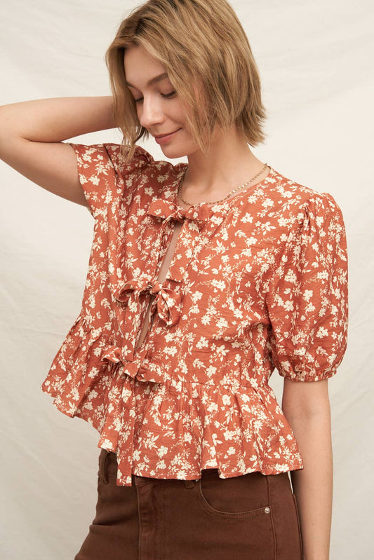 Floral Print Puff Sleeve Peplum Ribbon Top