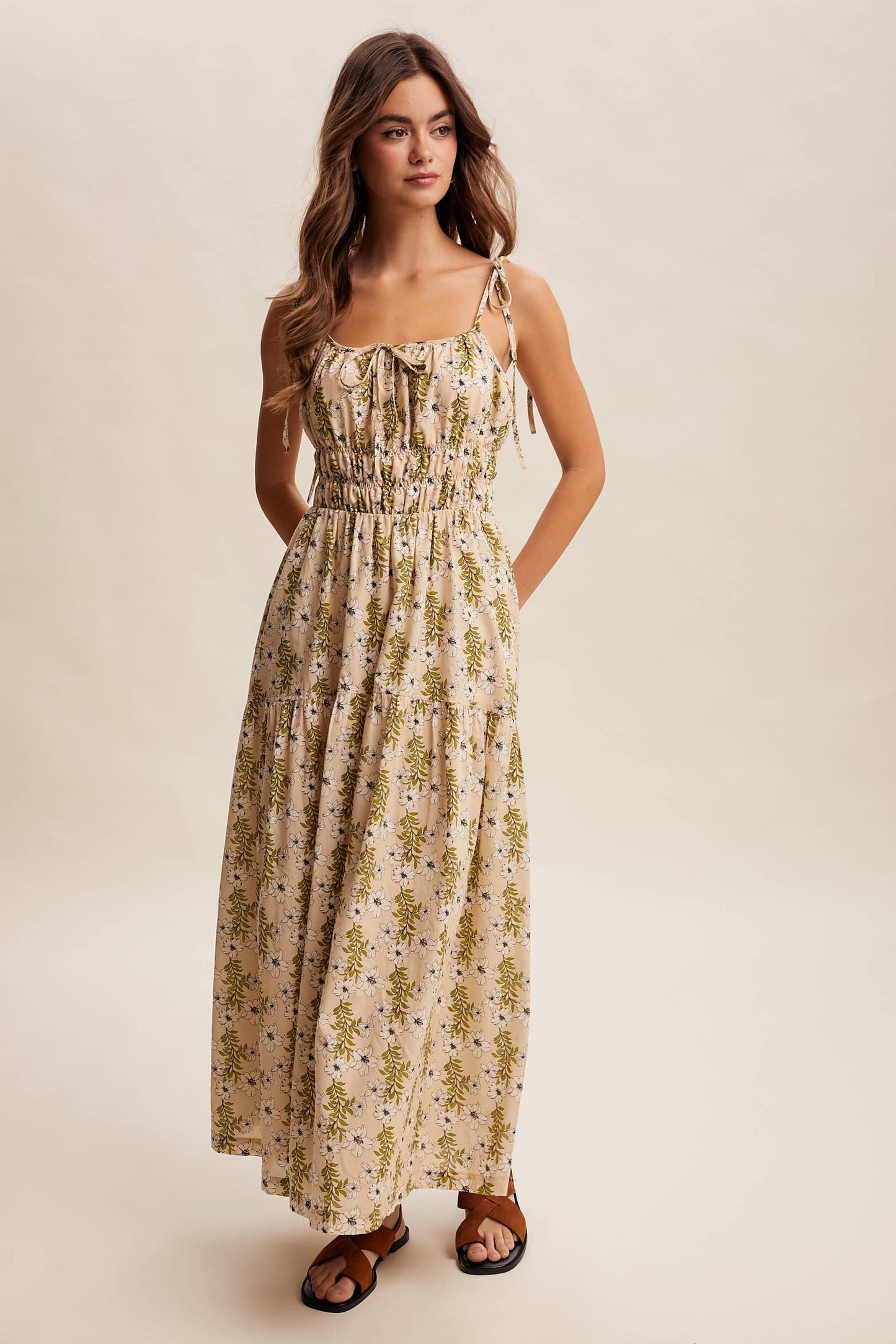 Floral Tie-Strap Smocked Maxi Dress