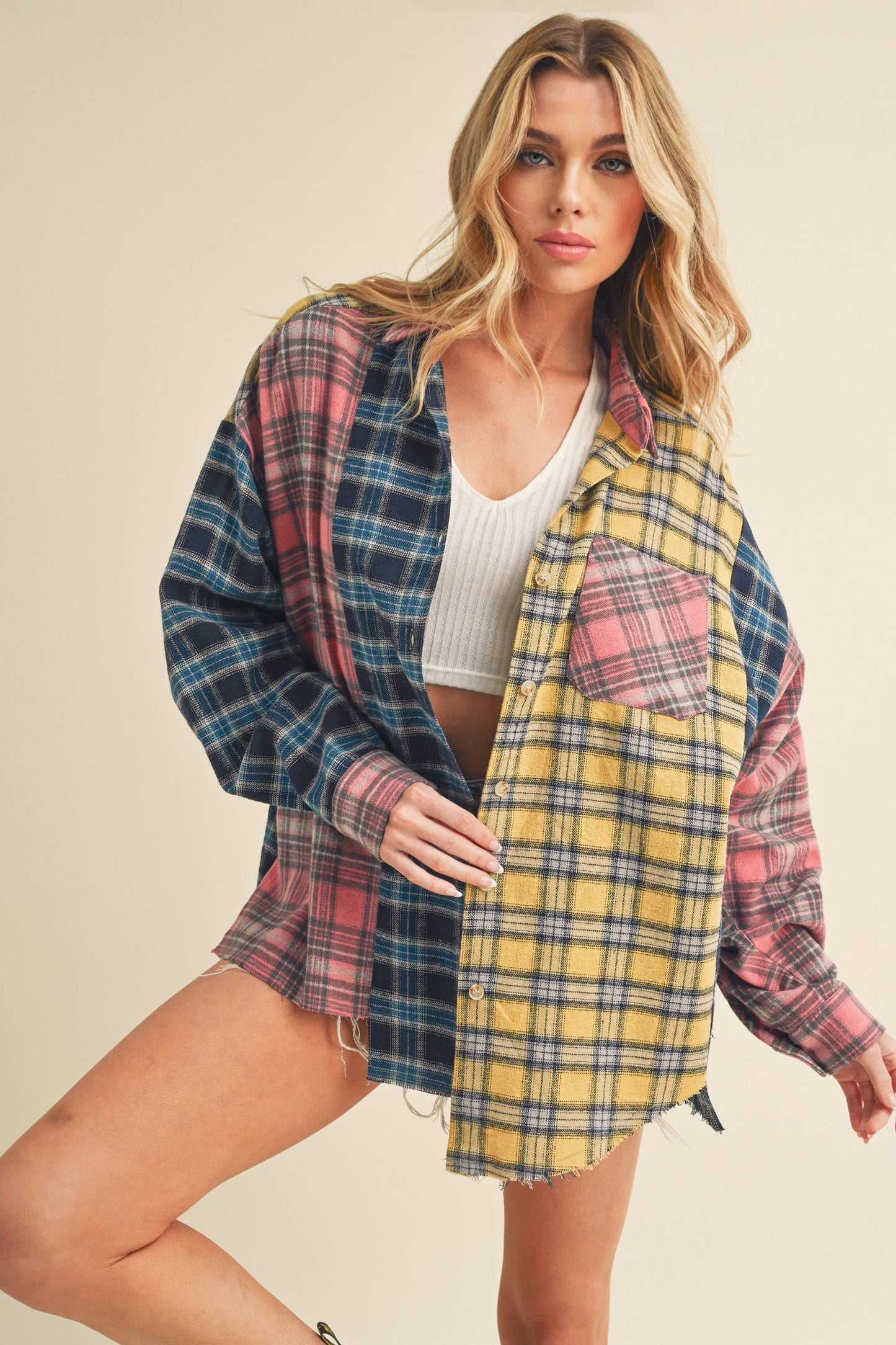 Multi Color Plaid Oversized Flannel Shirt