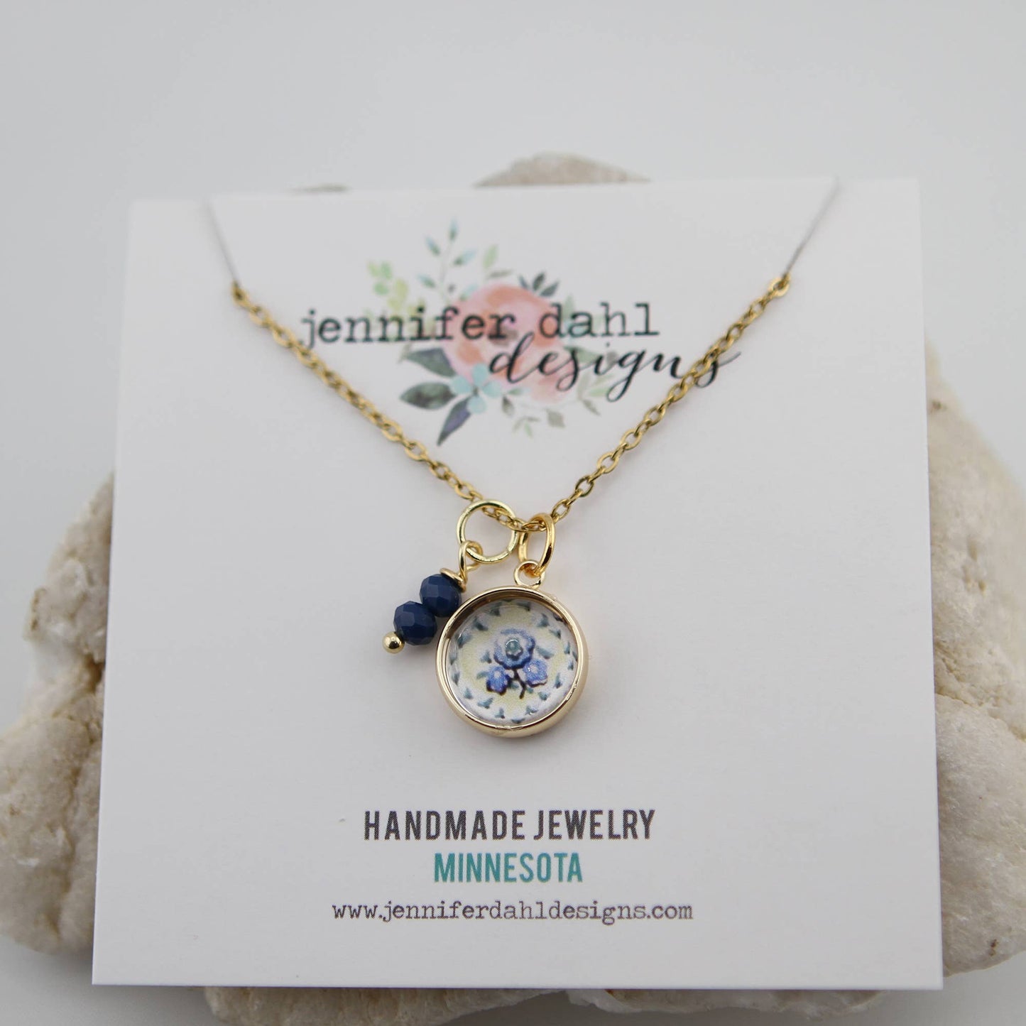 Vintage Wallpaper Blue and Yellow Floral Necklace