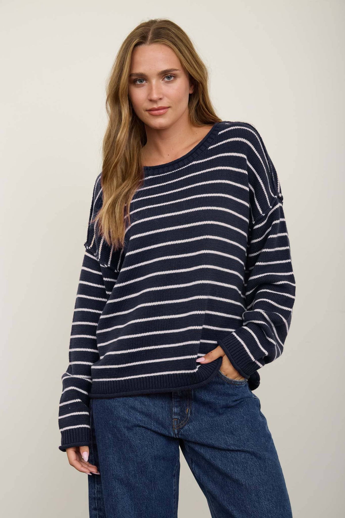 Navy Stripe Rolled Collar Sweater
