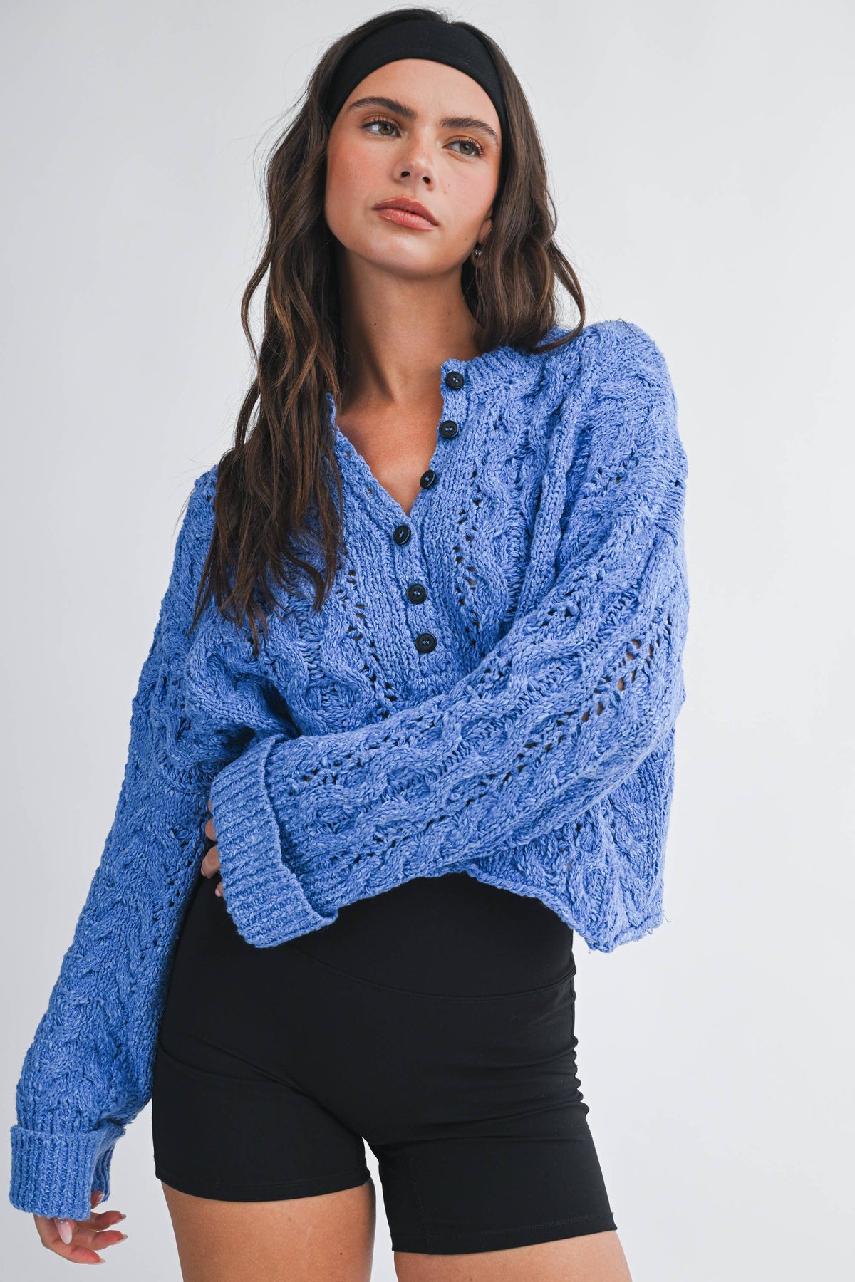 Textured Cropped Henley Knit Sweater