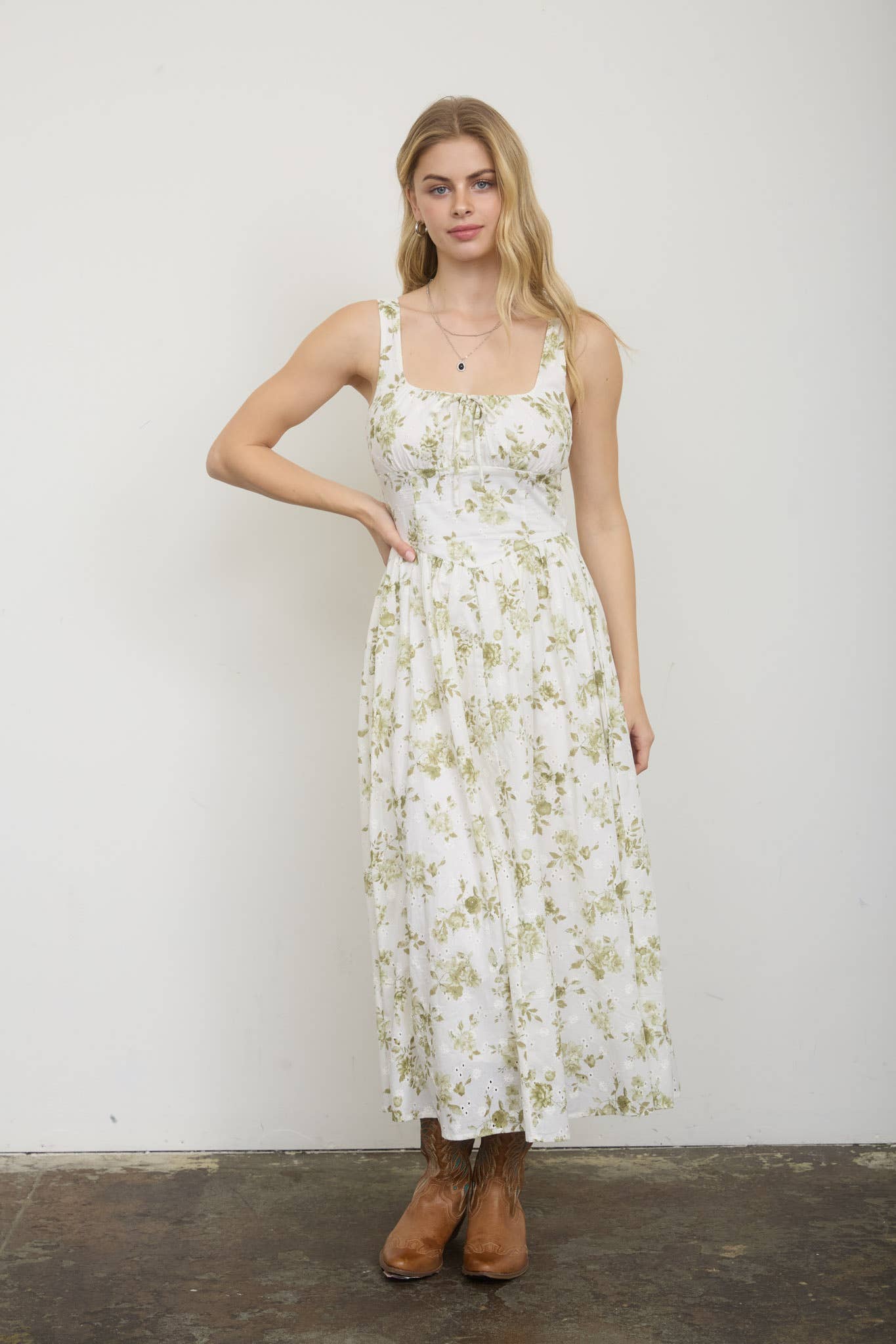 FLORAL PATTERN FRONT TIE CORSET MIDI DRESS