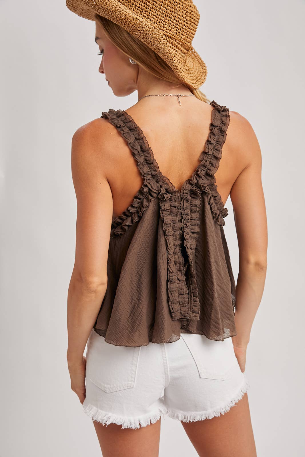 GATHERED STRAP RAW-EDGE V-NECK FLOWY TOP