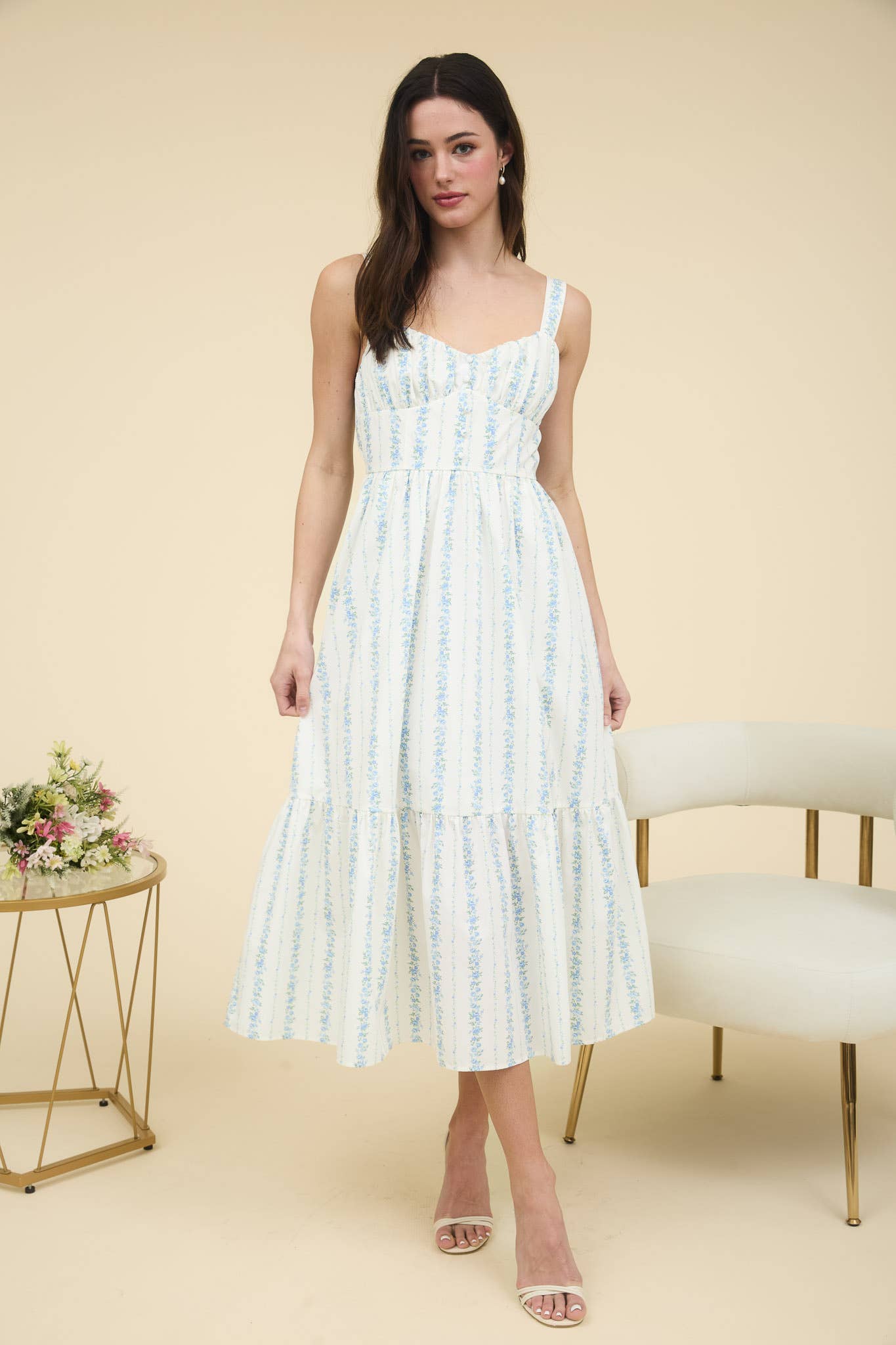 FLORAL STRIPE BUTTON DETAIL MAXI DRESS