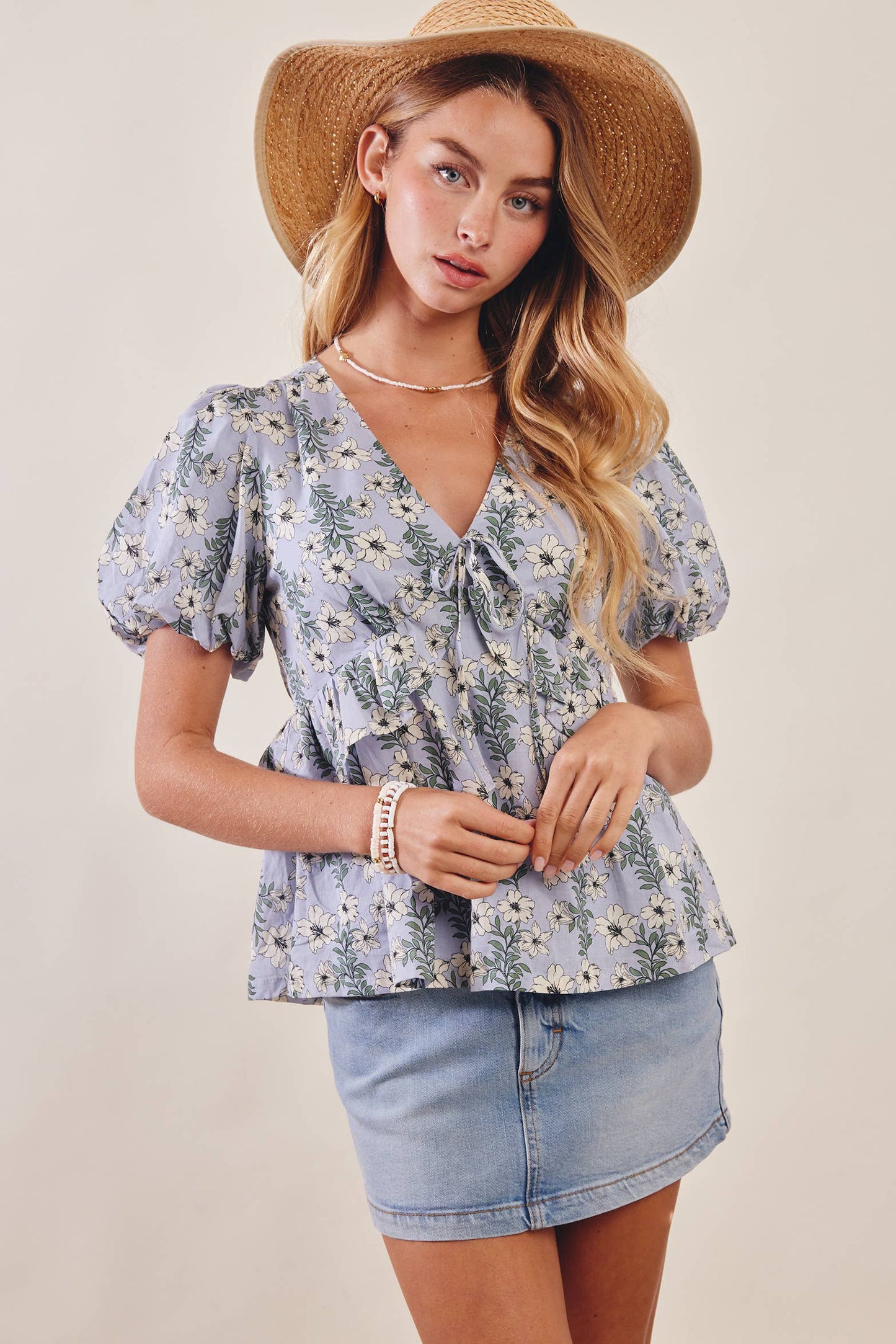 Floral Puff Sleeve Lined Blouse
