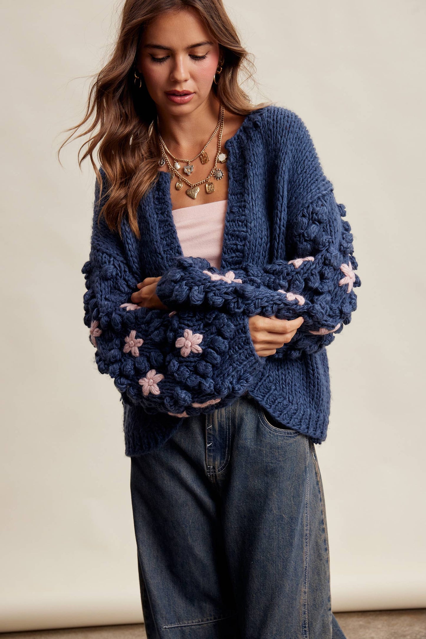 Hand Knit Floral Bobble Sleeve Cardigan